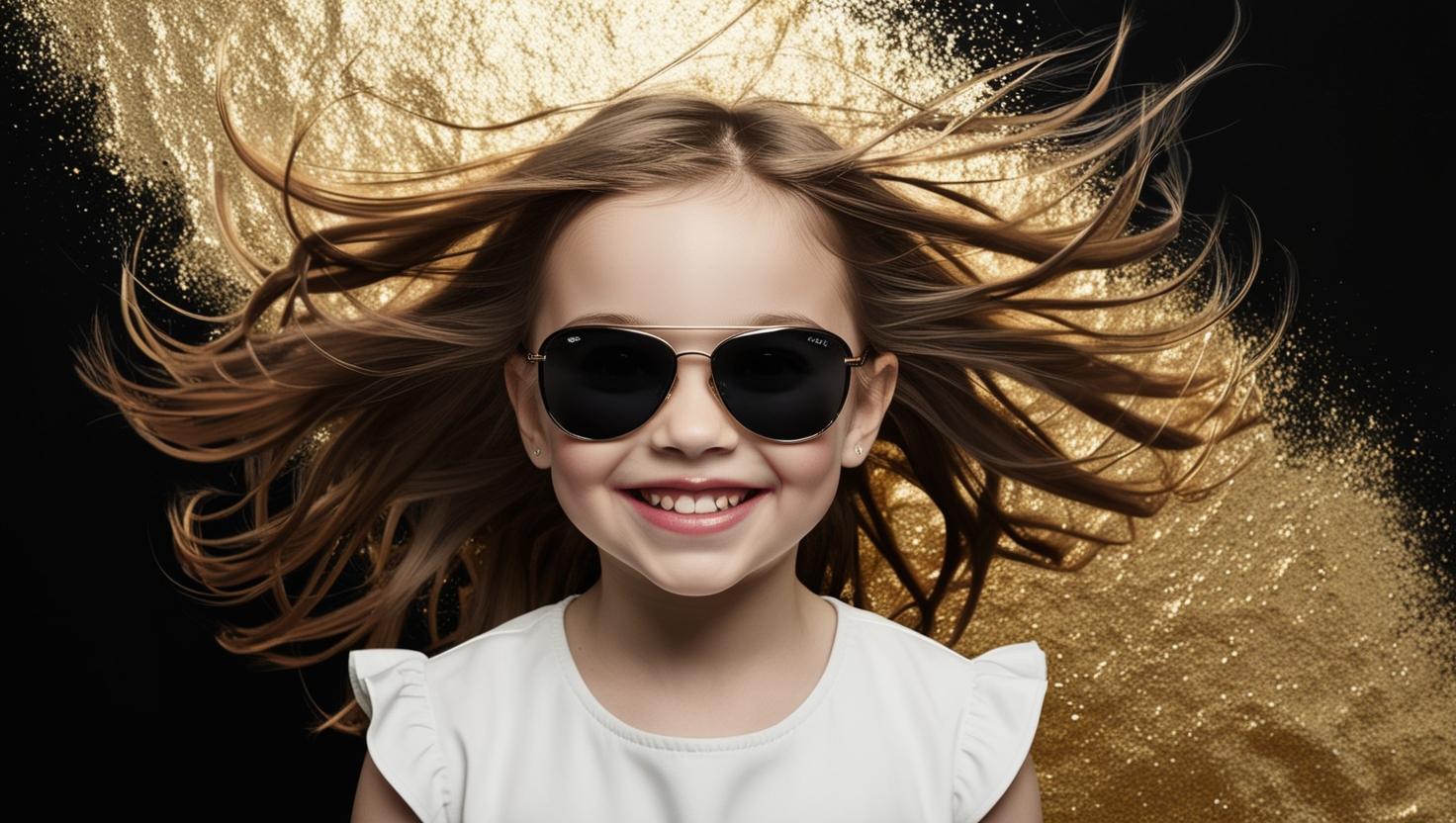 a girl with sunglasses in a black gold background